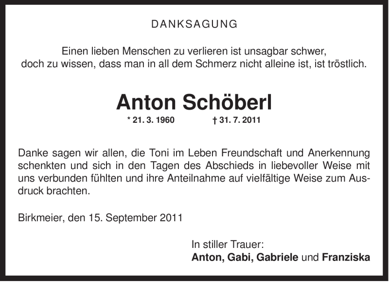  Traueranzeige für Anton Schöberl vom 15.09.2011 aus MERKUR & TZ