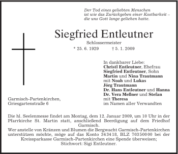Traueranzeige von Siegfried Entleutner von MERKUR & TZ