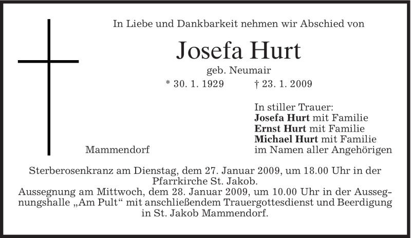  Traueranzeige für Josefa Hurt vom 27.01.2009 aus MERKUR & TZ