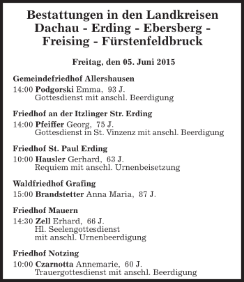 Traueranzeigen Von Bestattungen Vom 05.06.2015 | Trauer.merkur.de