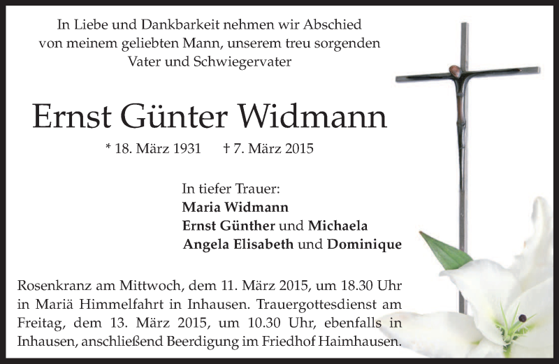  Traueranzeige für Ernst Günter Widmann vom 10.03.2015 aus merkurtz