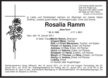 Traueranzeige von Rosalia Ramm von MERKUR & TZ