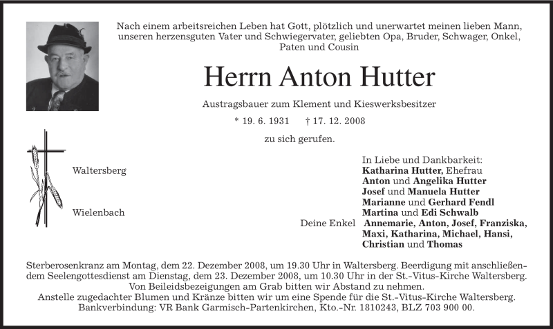  Traueranzeige für Anton Hutter vom 20.12.2008 aus MERKUR & TZ