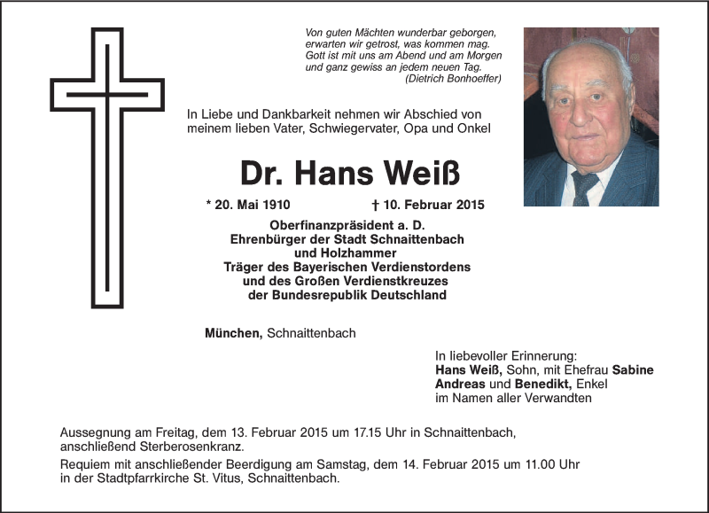  Traueranzeige für Hans Weiß vom 13.02.2015 aus merkurtz