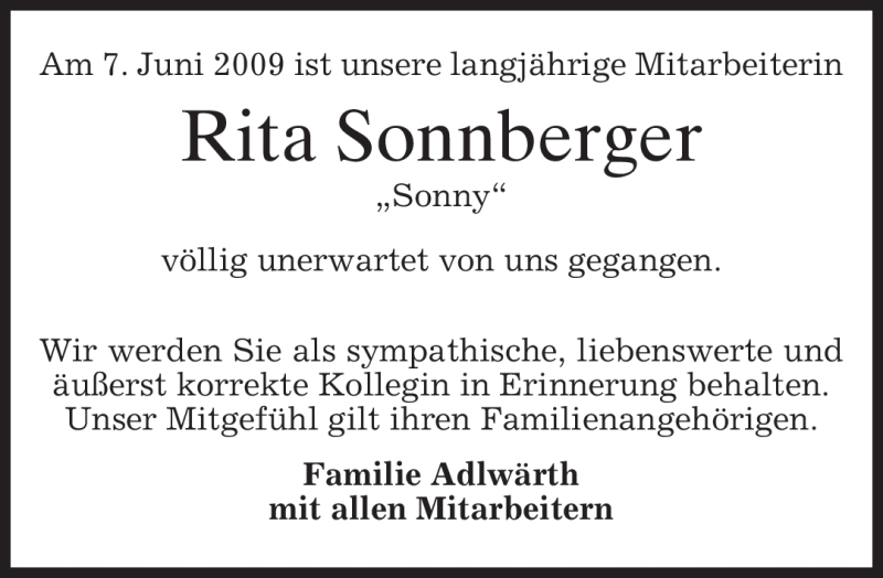  Traueranzeige für Rita Sonnberger vom 17.06.2009 aus MERKUR & TZ