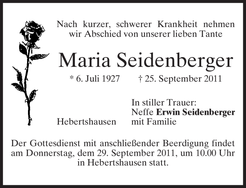  Traueranzeige für Maria Seidenberger vom 28.09.2011 aus MERKUR & TZ