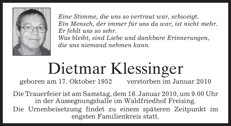  Traueranzeige für Dietmar Klessinger vom 15.01.2010 aus MERKUR & TZ