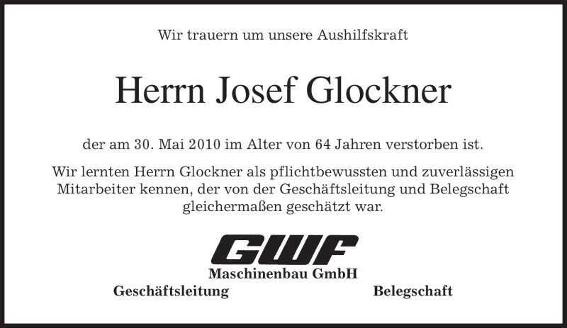  Traueranzeige für Josef Glockner vom 04.06.2010 aus MERKUR & TZ