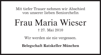 Traueranzeige von Maria Wieser von MERKUR & TZ