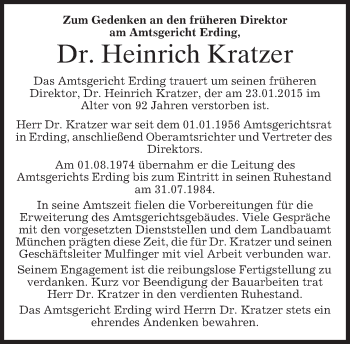 Traueranzeige von Heinrich Kratzer von merkurtz