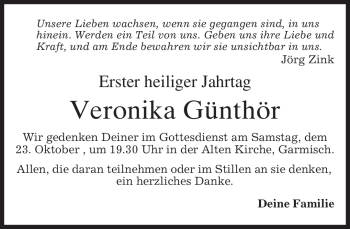 Traueranzeige von Veronika Günthör von MERKUR & TZ