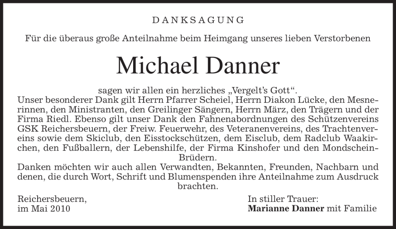  Traueranzeige für Michael Danner vom 08.05.2010 aus MERKUR & TZ