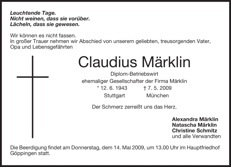  Traueranzeige für Claudius Märklin vom 13.05.2009 aus MERKUR & TZ