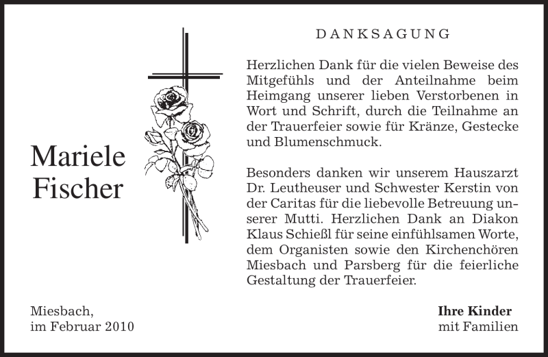 Traueranzeige für Mariele Fischer vom 13.02.2010 aus MERKUR & TZ