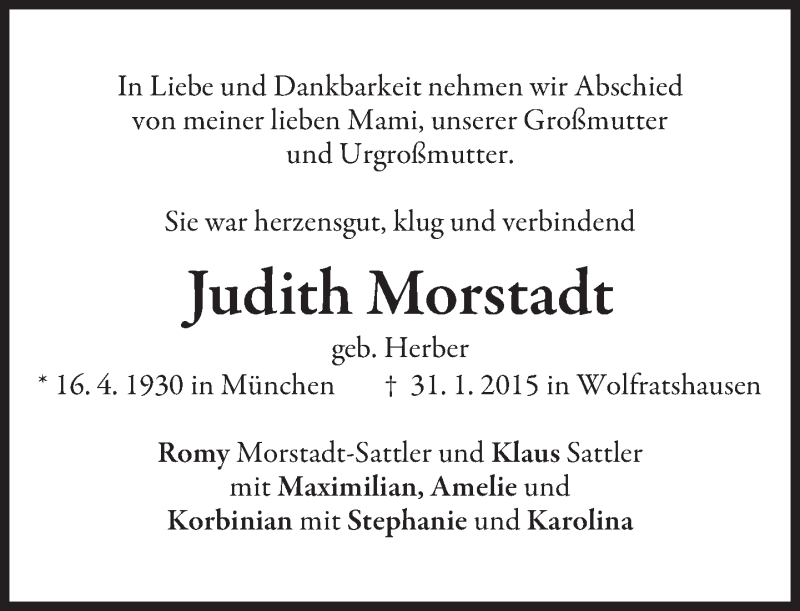  Traueranzeige für Judith Morstadt vom 04.02.2015 aus merkurtz