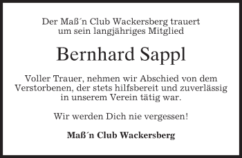 Traueranzeige von Bernhard Sappl von merkurtz