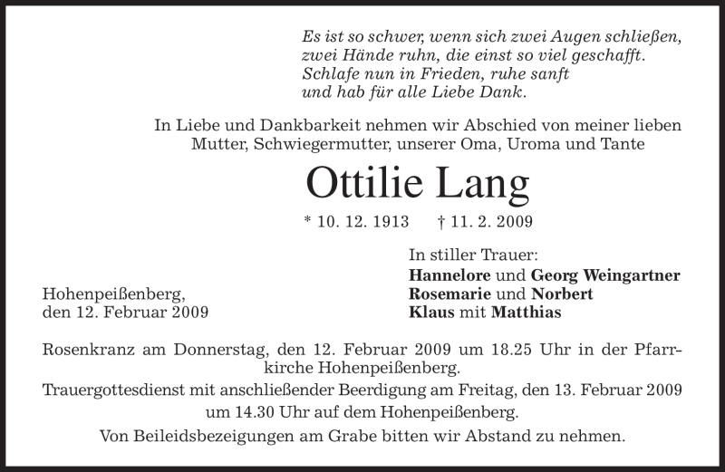  Traueranzeige für Ottilie Lang vom 12.02.2009 aus MERKUR & TZ