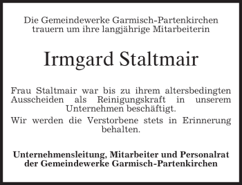 Traueranzeige von Irmgard Staltmair von MERKUR & TZ