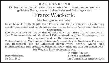 Traueranzeige von Franz Wackerle von MERKUR & TZ