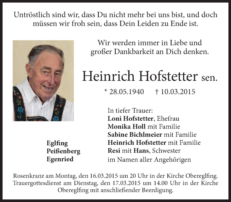  Traueranzeige für Heinrich  Hofstetter vom 13.03.2015 aus merkurtz