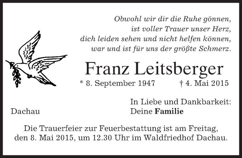  Traueranzeige für Franz Leitsberger vom 07.05.2015 aus merkurtz