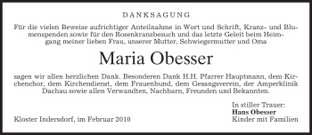 Traueranzeige von Maria Obesser von MERKUR & TZ