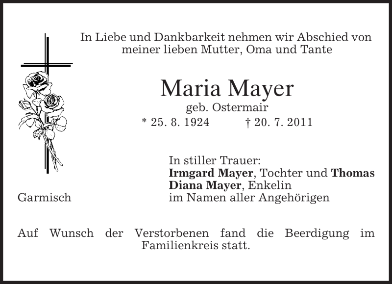  Traueranzeige für Maria Mayer vom 27.07.2011 aus MERKUR & TZ