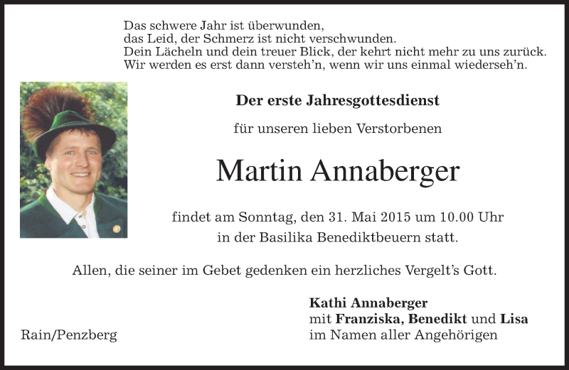  Traueranzeige für Martin Annaberger vom 29.05.2015 aus merkurtz