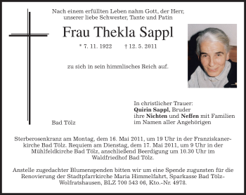 Traueranzeige von Thekla Sappl von MERKUR & TZ