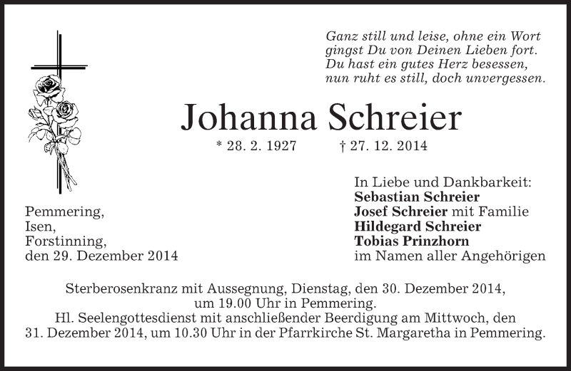  Traueranzeige für Johanna Schreier vom 29.12.2014 aus merkurtz