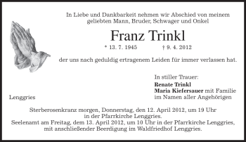 Traueranzeigen von Franz Trinkl | trauer.merkur.de