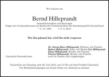 Traueranzeige von Bernd Hilleprandt von MERKUR & TZ
