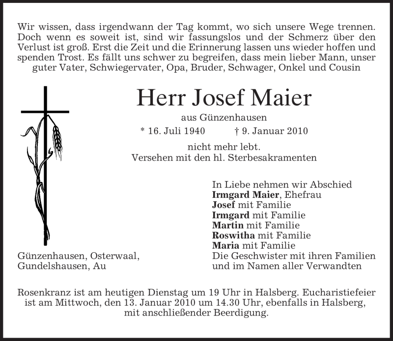  Traueranzeige für Josef Maier vom 12.01.2010 aus MERKUR & TZ