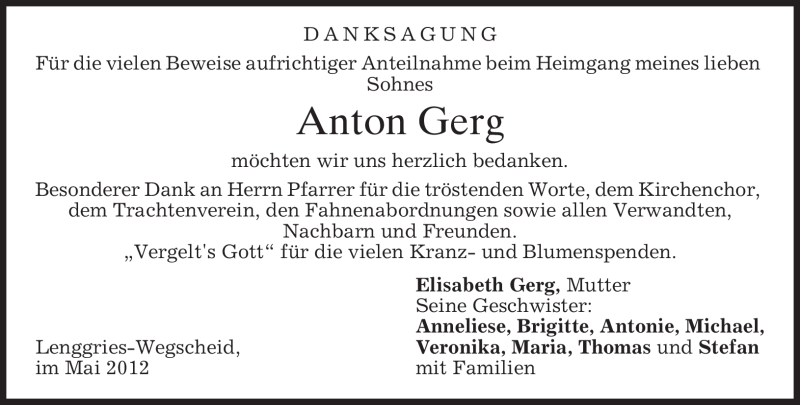  Traueranzeige für Anton Gerg vom 04.05.2012 aus MERKUR & TZ