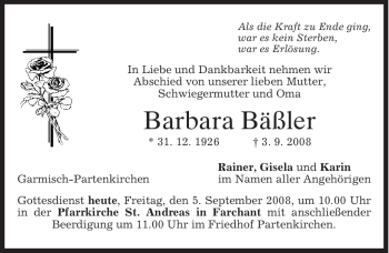 Traueranzeige von Barbara Bäßler von MERKUR & TZ