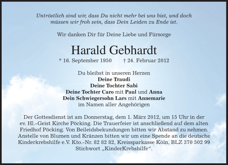  Traueranzeige für Harald Gebhardt vom 28.02.2012 aus MERKUR & TZ
