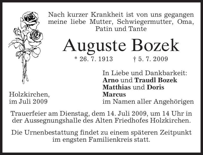 Traueranzeige für Auguste Bozek vom 11.07.2009 aus MERKUR & TZ