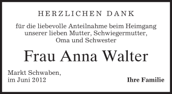Traueranzeige von Anna Walter von MERKUR & TZ