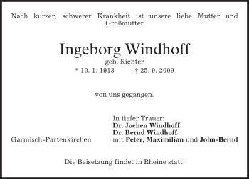 Traueranzeige von Ingeborg Windhoff von MERKUR & TZ