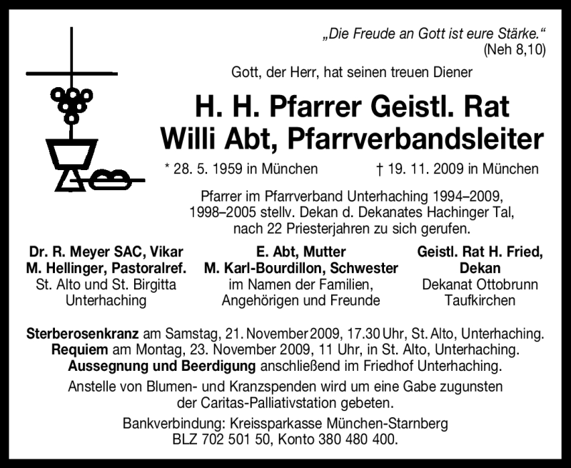  Traueranzeige für Willi Abt vom 21.11.2009 aus MERKUR & TZ