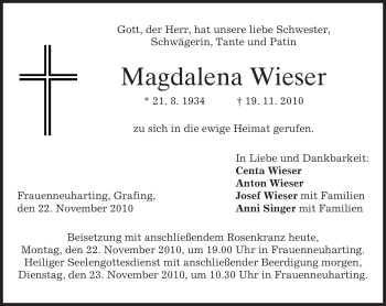 Traueranzeige von Magdalena Wieser von MERKUR & TZ