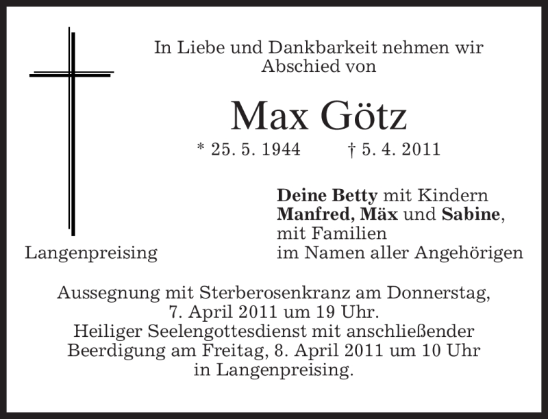  Traueranzeige für Max Götz vom 07.04.2011 aus MERKUR & TZ
