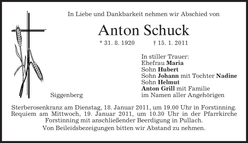  Traueranzeige für Anton Schuck vom 17.01.2011 aus MERKUR & TZ