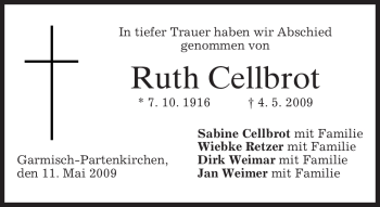 Traueranzeige von Ruth Cellbrot von MERKUR & TZ