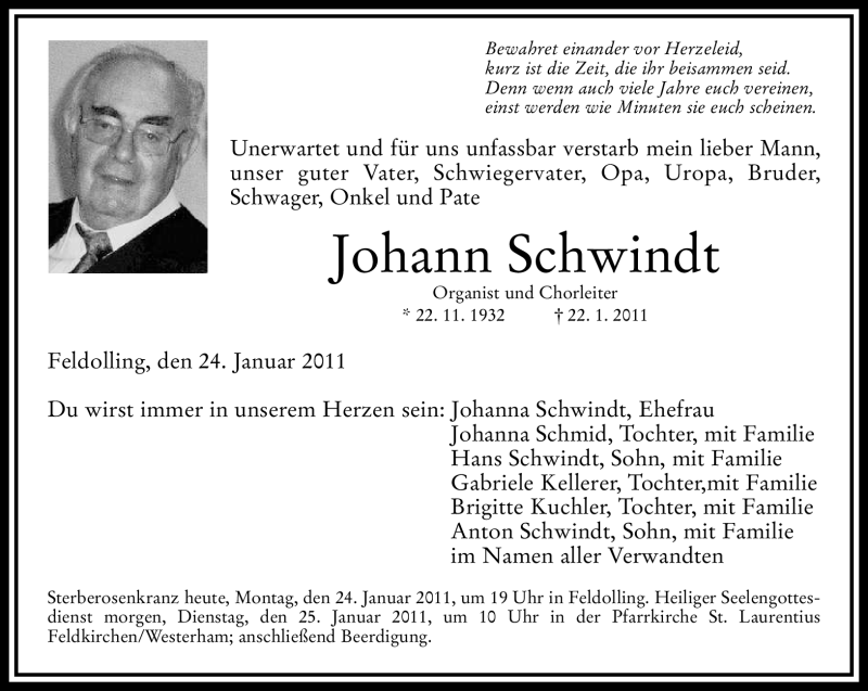  Traueranzeige für Johann Schwindt vom 24.01.2011 aus MERKUR & TZ