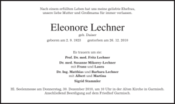 Traueranzeige von Eleonore Lechner von MERKUR & TZ