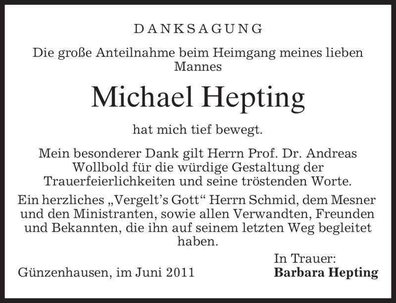  Traueranzeige für Michael Hepting vom 11.06.2011 aus MERKUR & TZ