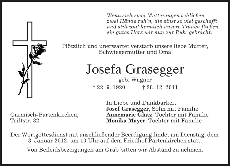  Traueranzeige für Josefa Grasegger vom 31.01.2012 aus MERKUR & TZ