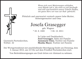 Traueranzeige von Josefa Grasegger von MERKUR & TZ