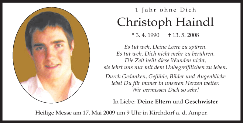  Traueranzeige für Christoph Haindl vom 13.05.2009 aus MERKUR & TZ